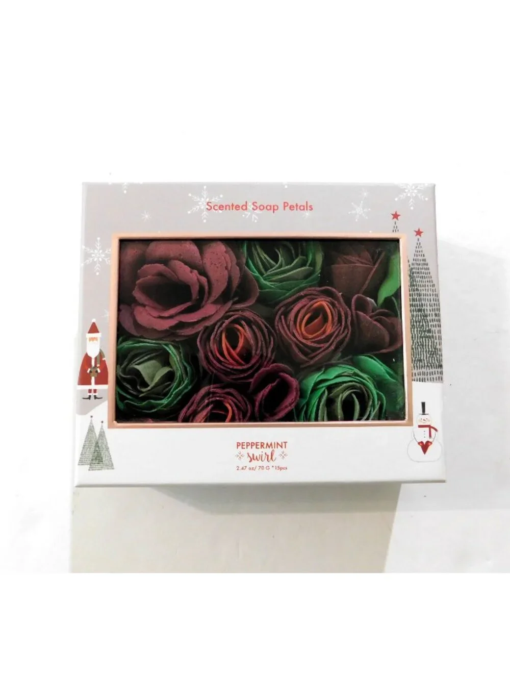 Scented Rose Soap Petals Set Peppermint Swirl Holiday-Themed Sealed Box